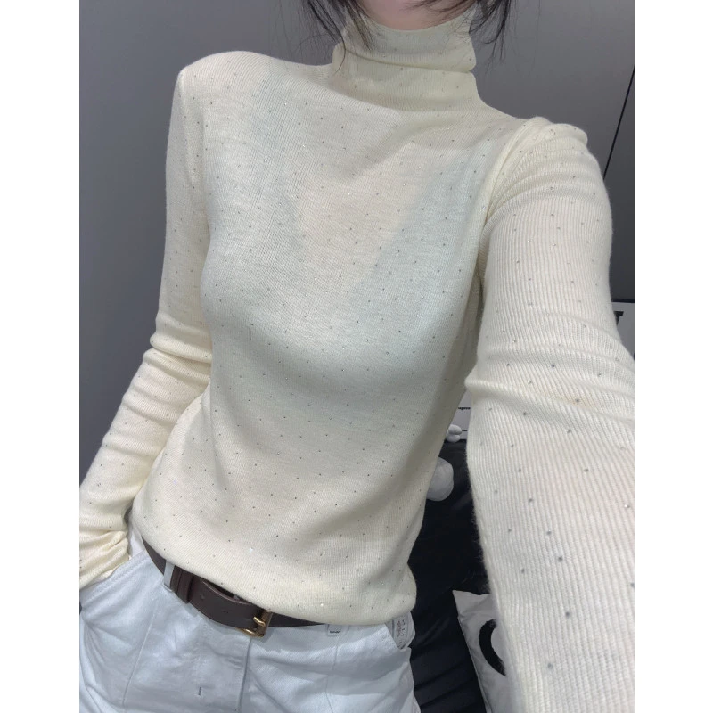 秋冬款百搭纯色针织衫长袖女重工烫钻高领内搭毛衣打底衫修身上衣