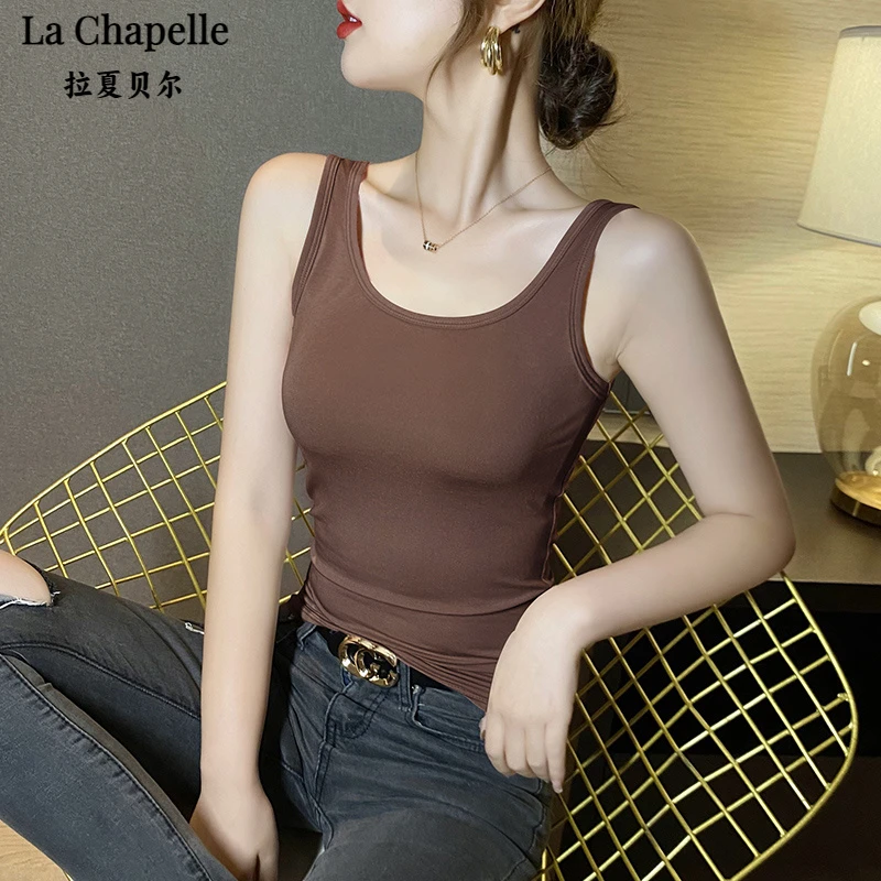 拉夏贝尔黄色上衣无袖夏季显瘦美背爆款蕾丝咖啡色外穿背心女打底