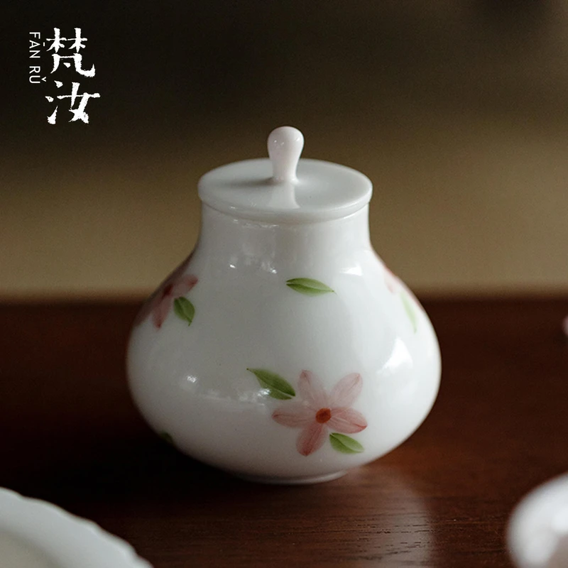 蔓颜 景德镇纯手绘釉下彩五角花瓣小茶罐家用功夫茶具茶桌摆件
