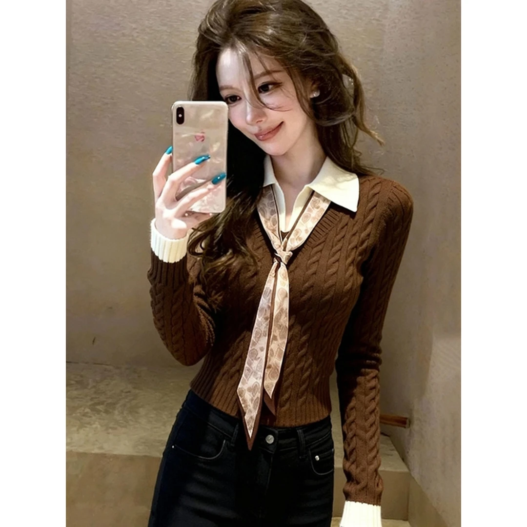 复古绝美咖色翻领长袖假两件针织衫女秋冬新款超好看洋气套头上衣