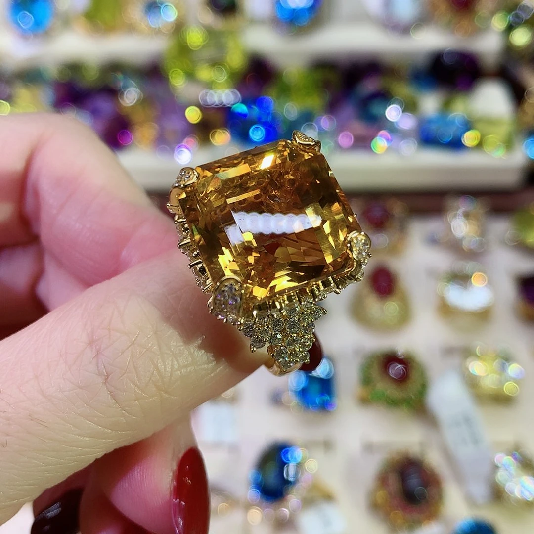 黄晶戒指银S925镀金镶嵌