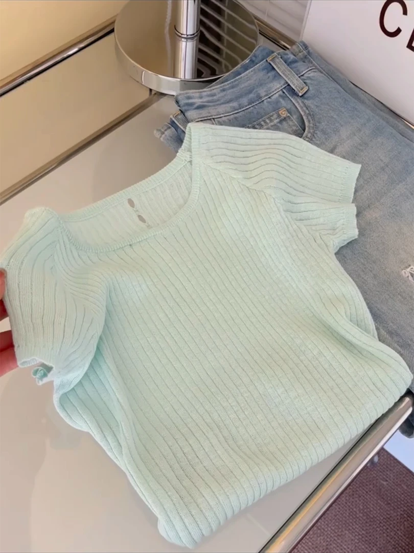 设计感镂空方领正肩T恤女2025春夏新款减龄百搭宽松显瘦针织上衣