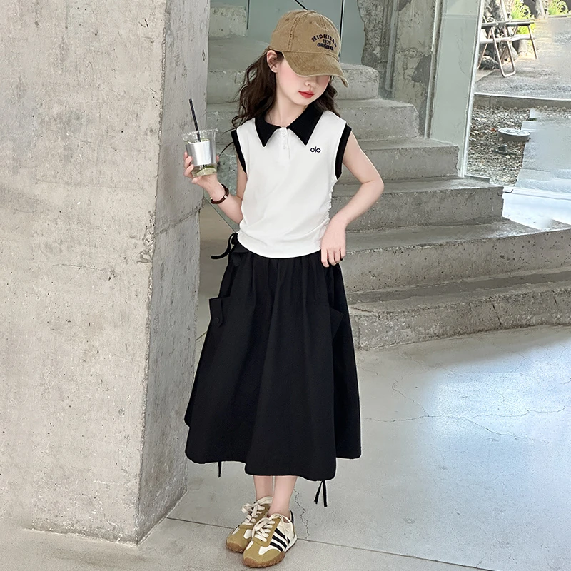 2025女童炸街潮服套装裙夏装韩范中大童女孩新款翻领无袖两件套