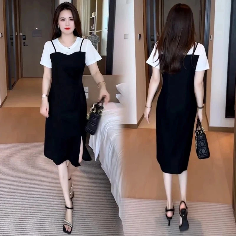 时尚连衣裙女2025夏季新款韩版洋气减龄收腰显瘦假两件吊带裙子潮