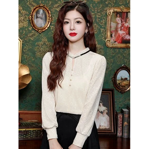 新中式设计感蕾丝打底衫女秋冬2025秋装新款加绒内搭上衣洋气小衫