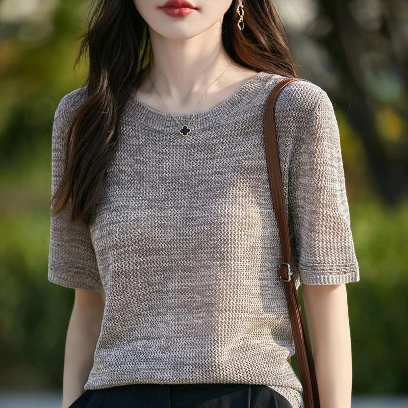哥弟阿玛施正品春夏季薄款小衫女短袖针织衫时尚百搭镂空圆领上衣