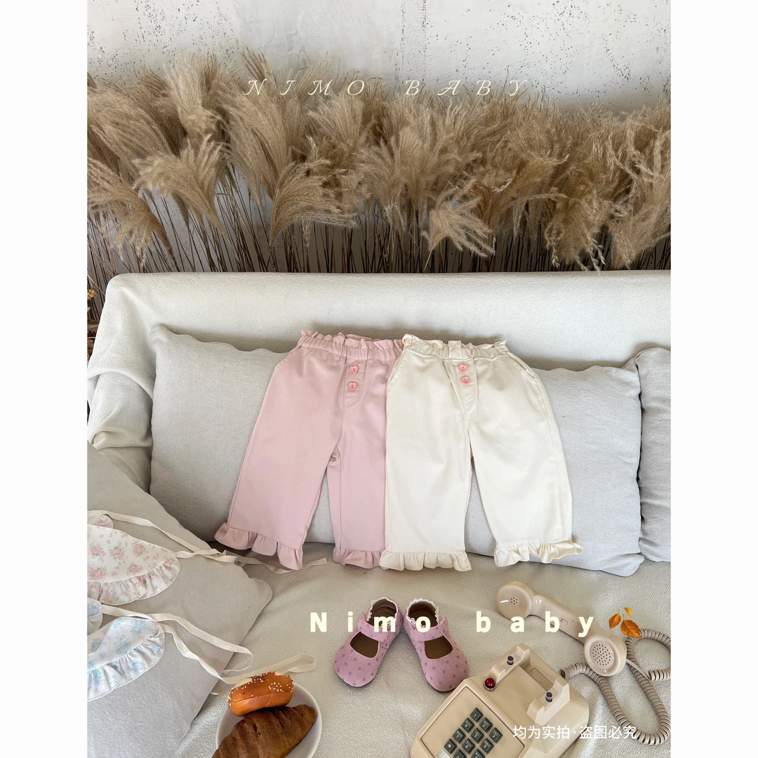 NIMO【桃子慕斯】韩版秋款女宝宝爱心扣子微喇叭百搭时尚款八分裤