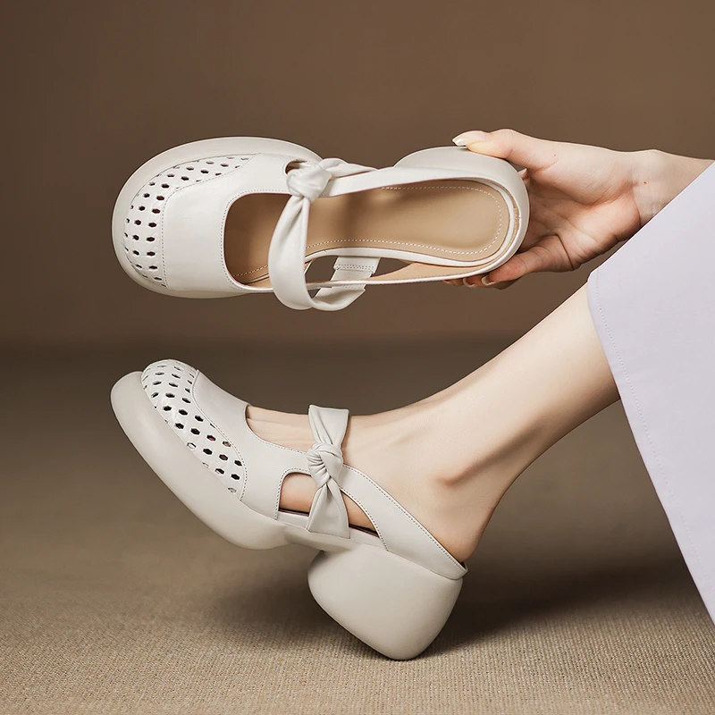 牛皮/6cm/时尚百搭夏季外穿真皮包头拖鞋女厚底增高跟粗跟洞洞鞋