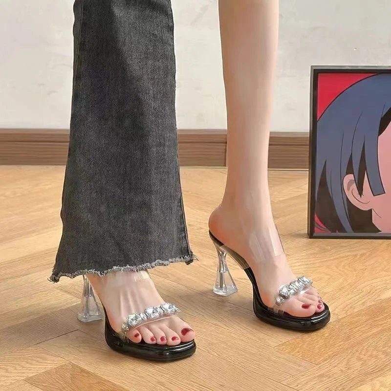 仙女风网红时尚百搭法式韩版气质高跟鞋夏季外穿凉拖鞋2024新款米