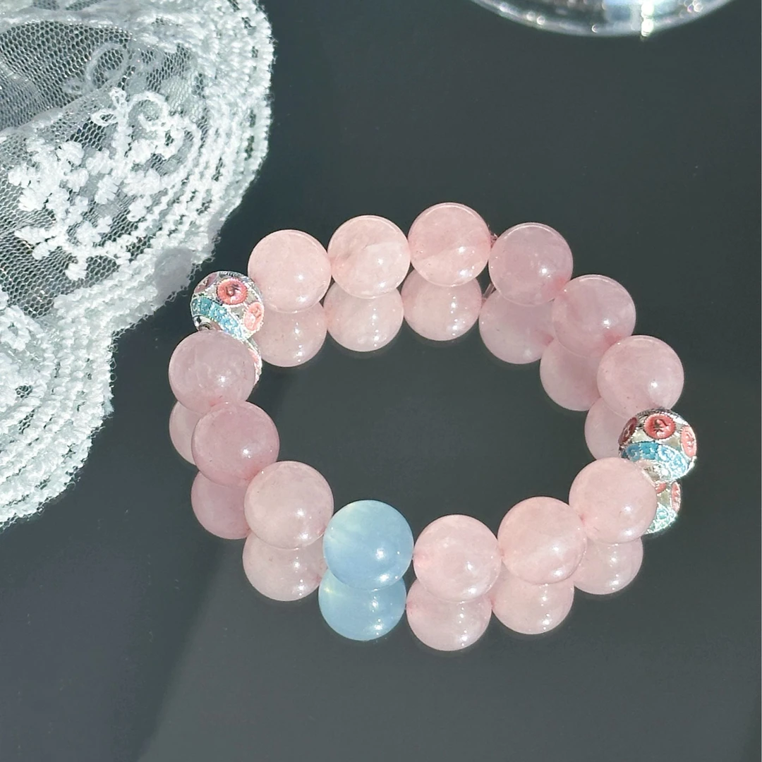 ONETOP粉桃桃水晶手串  粉水晶+海蓝宝  配件：铜