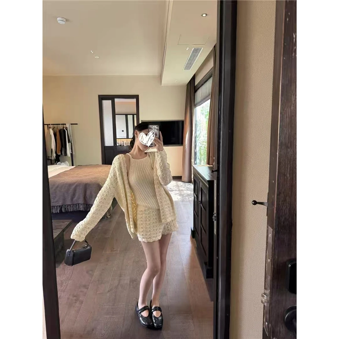 复古手工感镂空开衫吊带背心百搭短裤针织三件套装