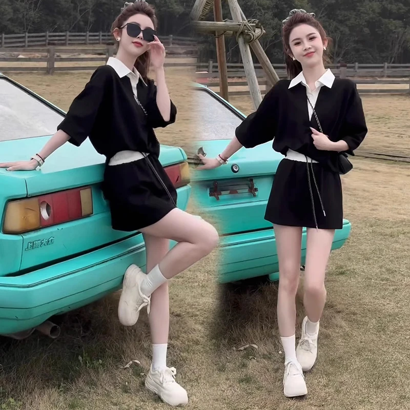 韩系时尚洋气套装女士春秋装新款衬衫领卫衣显高半身裙休闲两件套