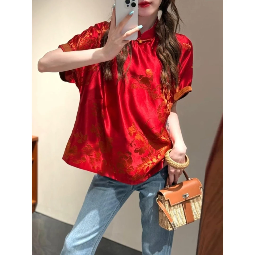 新中式红色提花短袖衬衫夏季2025高级感巨好看的小衫改良唐装上衣