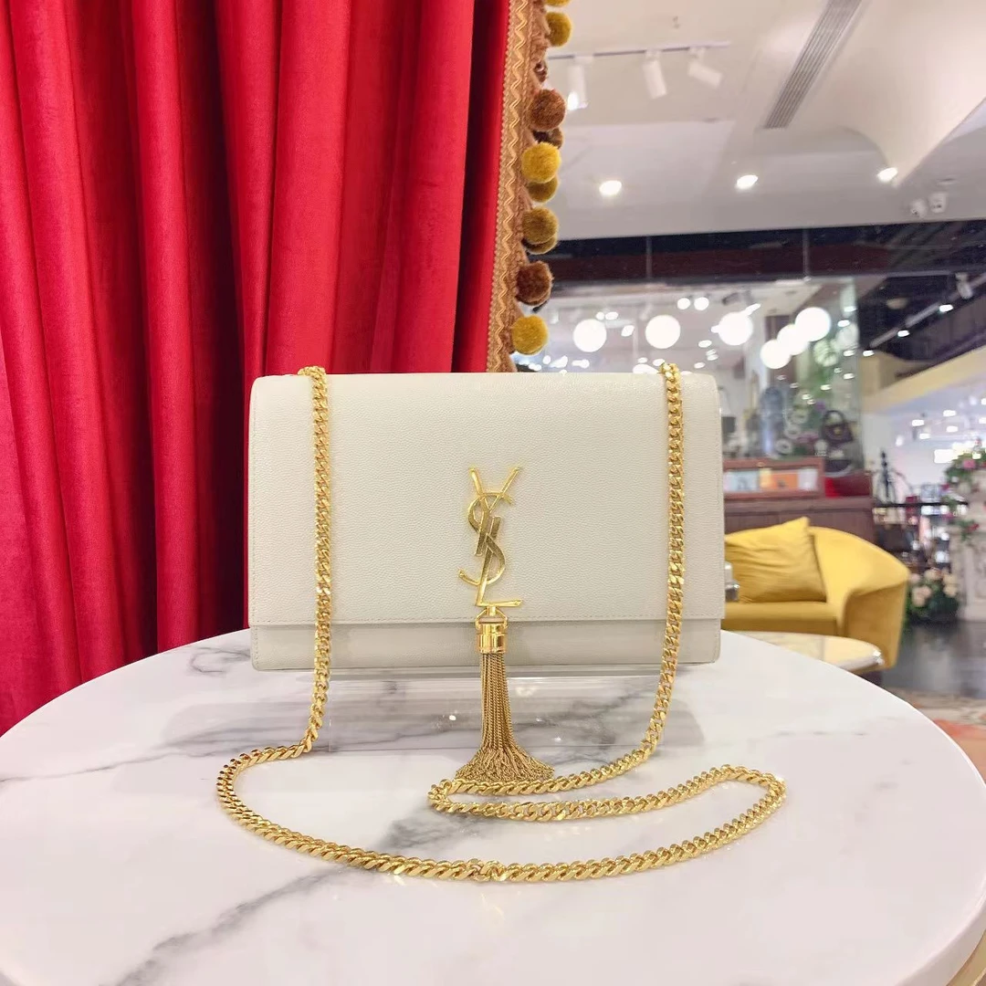 95新 YSL/圣罗兰 GGS圣罗兰流苏kate中号白色金扣牛皮52642059