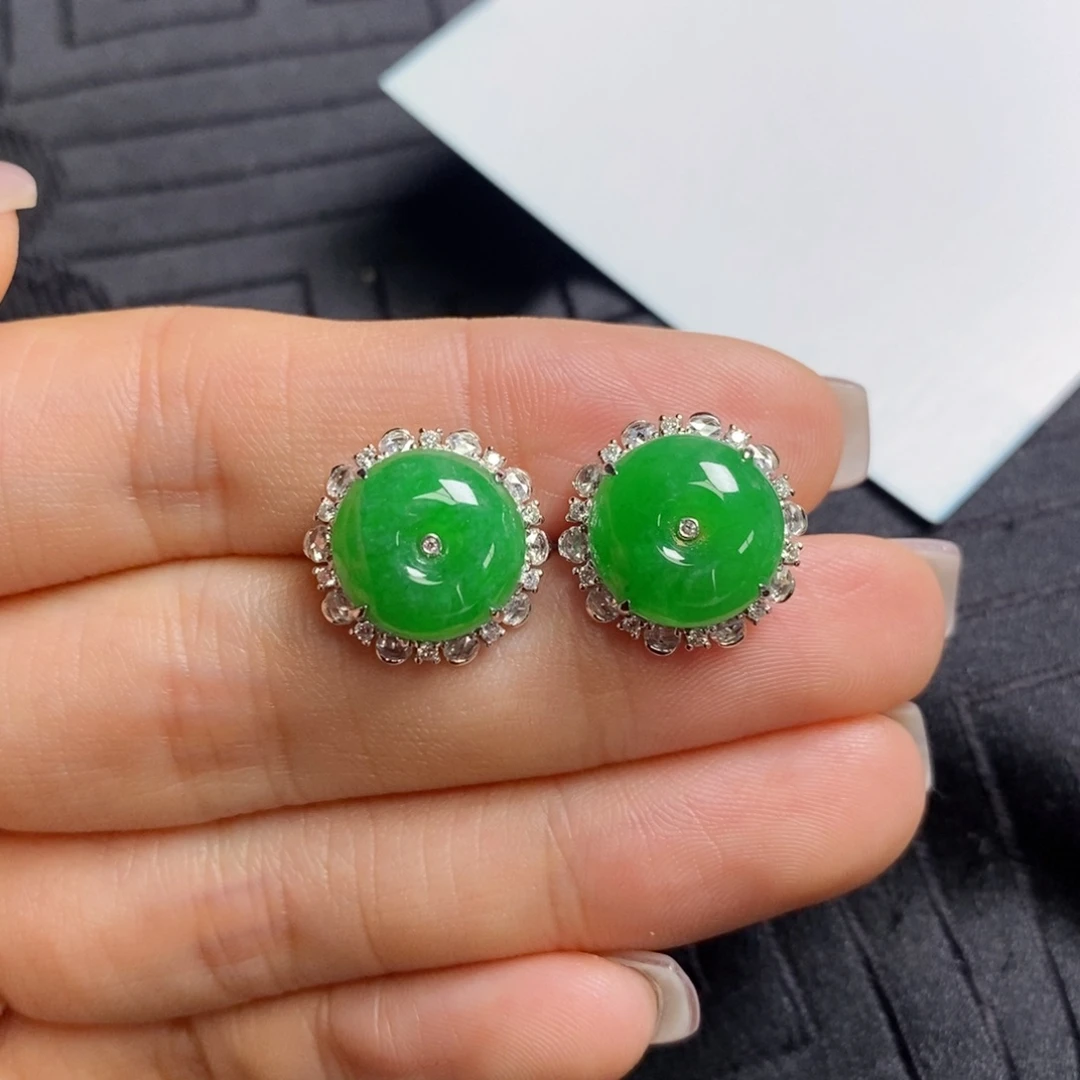 翡翠18K金镶嵌耳饰满绿扣子耳包