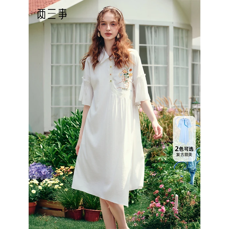 两三事蓝昼诗行2025夏季新款小清新刺绣喇叭袖不规则衬衫裙连衣裙