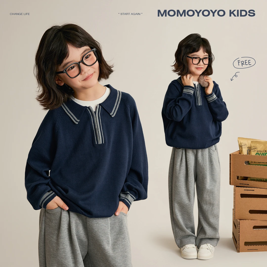 辰辰妈【非正式学院】女童撞色polo领2025新款针织亲子上衣8673D