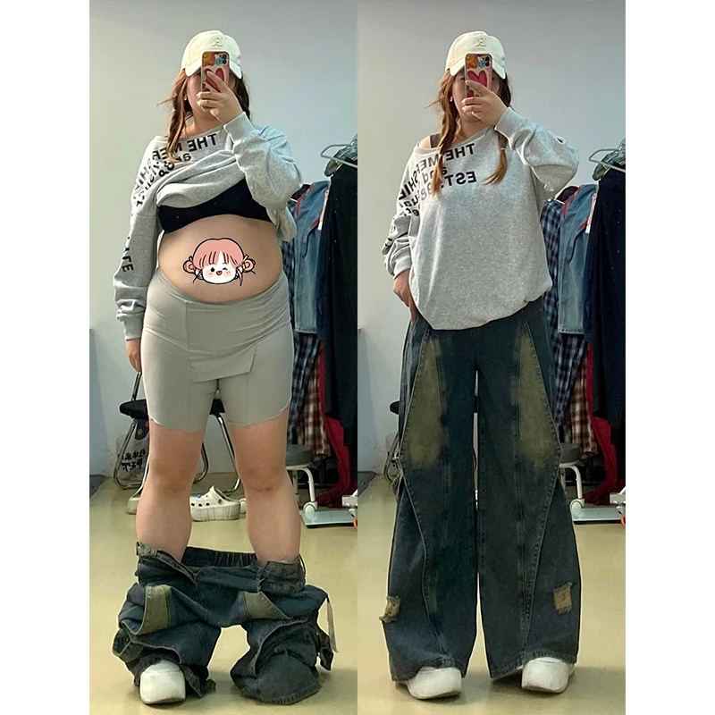 300斤大码胖mm复古工装牛仔裤女春季新款裤子显瘦梨形身材阔腿裤