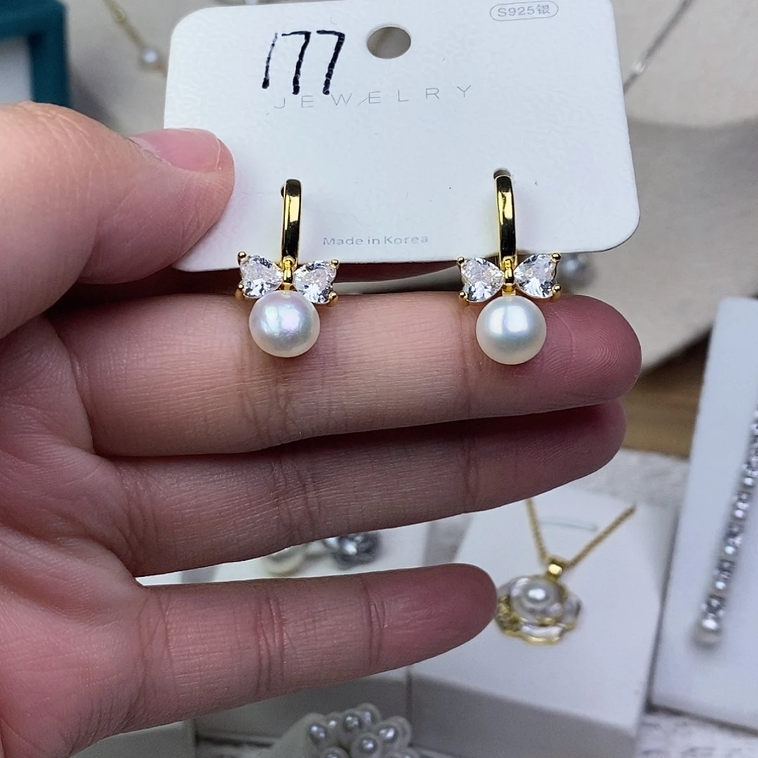 耳饰银S925镶嵌淡水珍珠