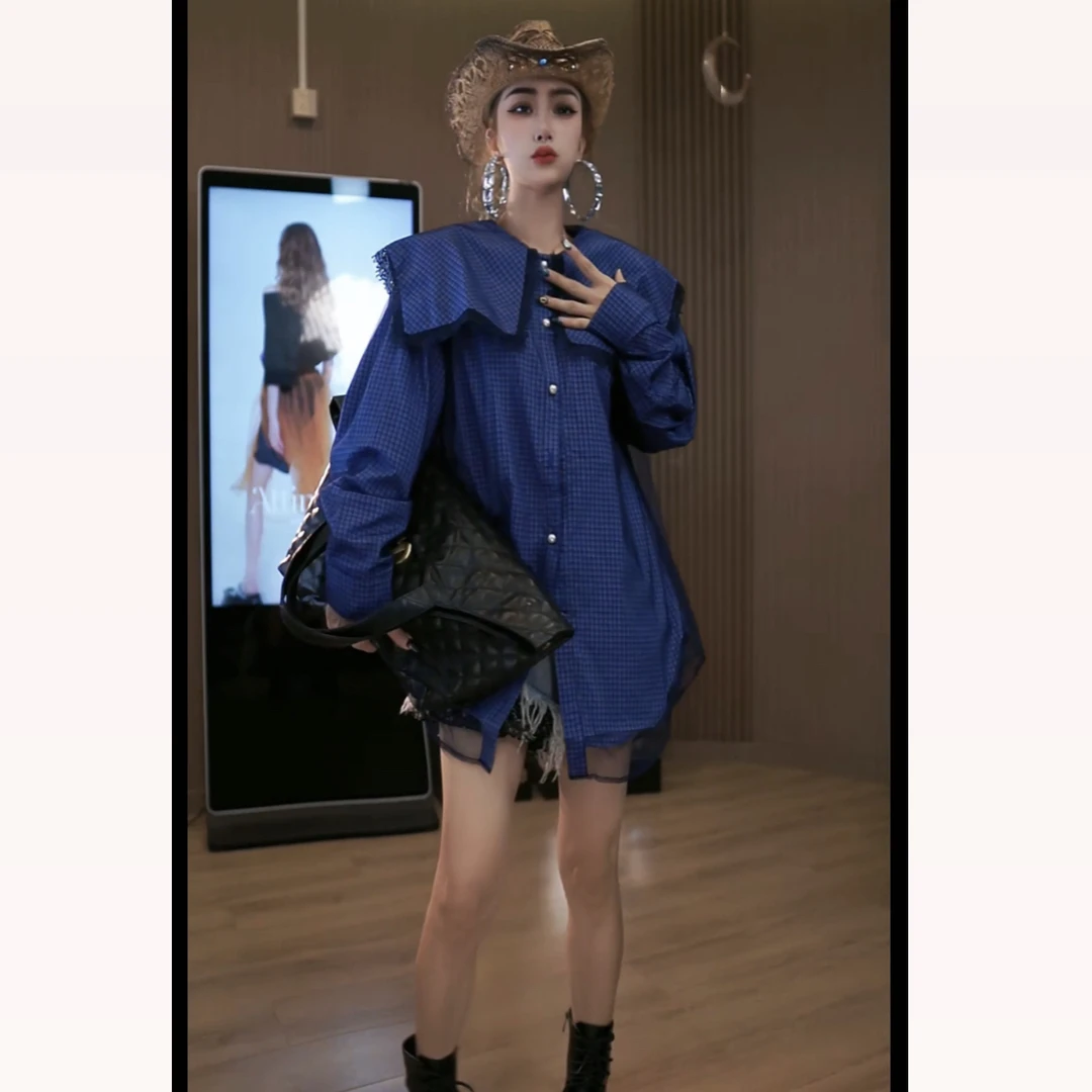原创设计美式复古小众海军领蕾丝网纱减龄时髦衬衫25
