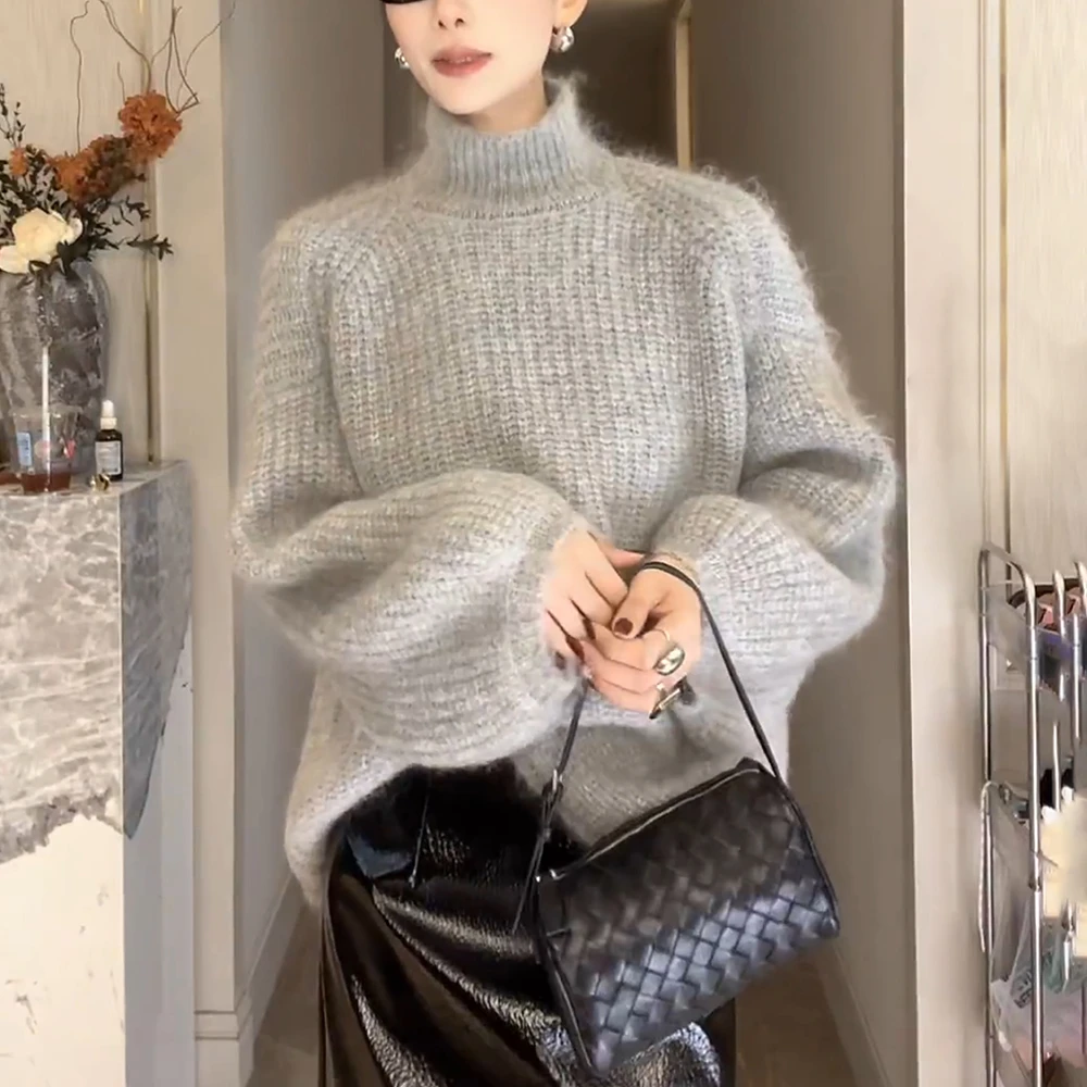 慵懒风灰色高领毛衣女秋冬高级感软糯宽松加厚保暖外穿针织衫上衣