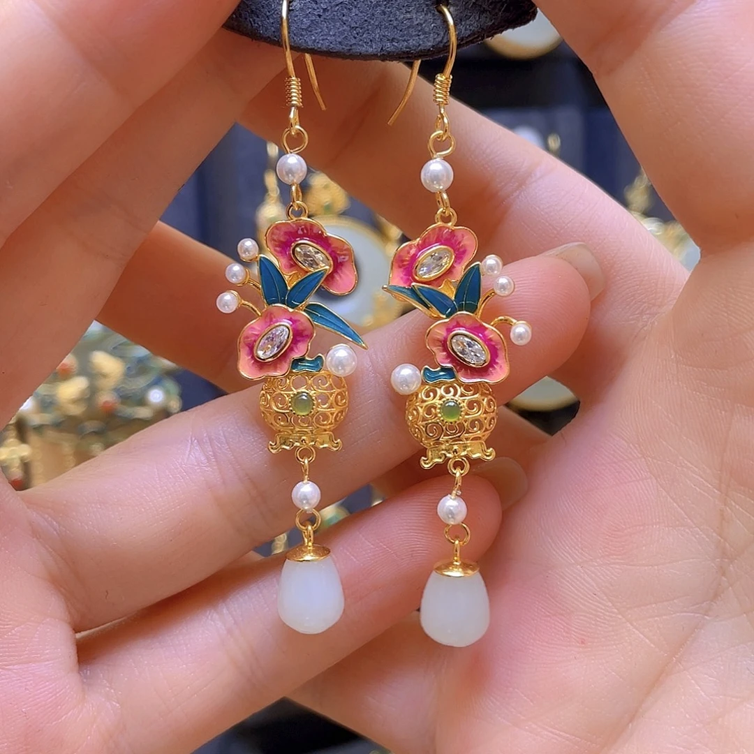 和田玉银S925镀金镶嵌耳饰