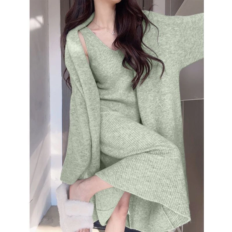绿针织显身材外套连衣裙气质女神高级感毛衣长裙两件套