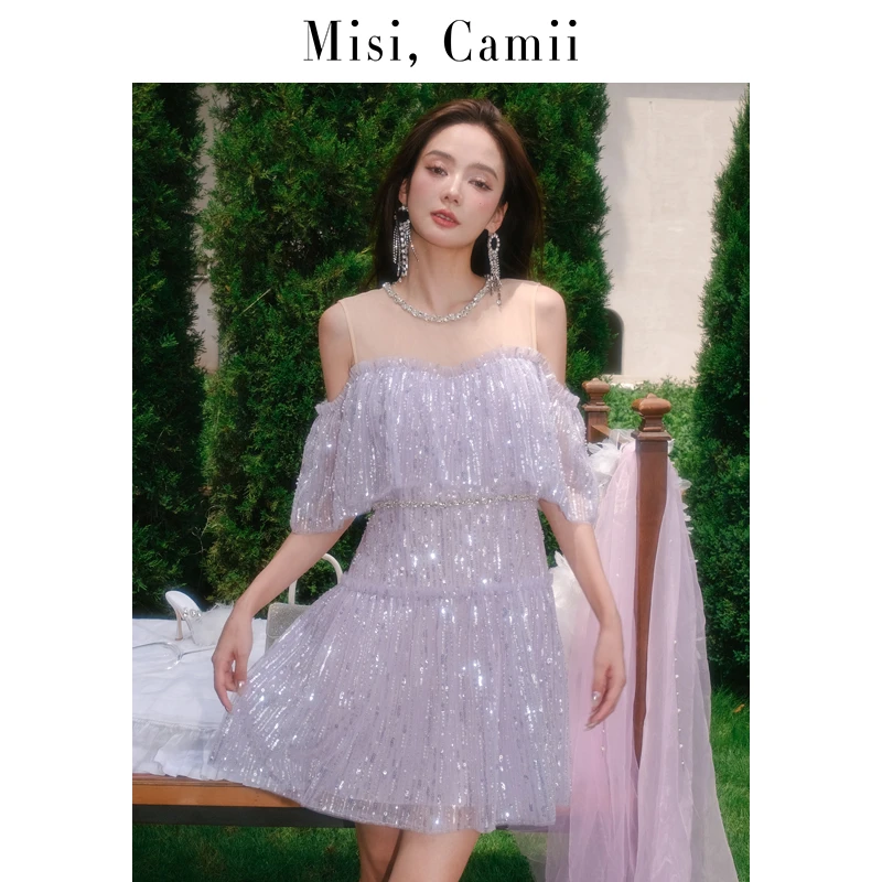 Misi,Camii一字肩钻饰钉珠礼服裙重工轻奢名媛收腰拼接女装连衣裙
