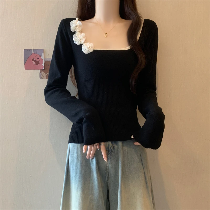 实拍春装大码胖mm设计感立体花朵长袖方领针织打底衫毛衣内搭上衣