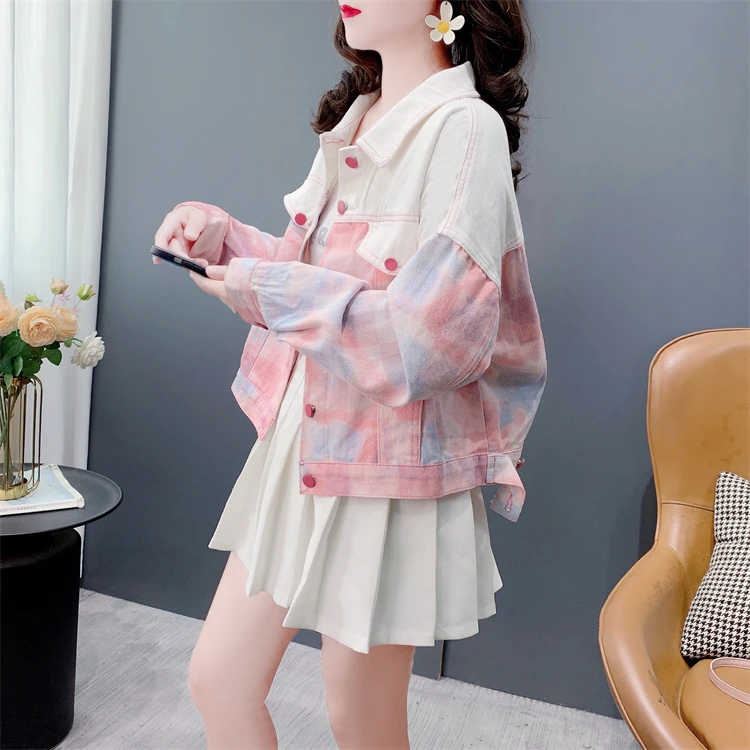 牛仔外套女春秋2025新款晚霞渲染百搭印花上衣小清新宽松夹克拼色