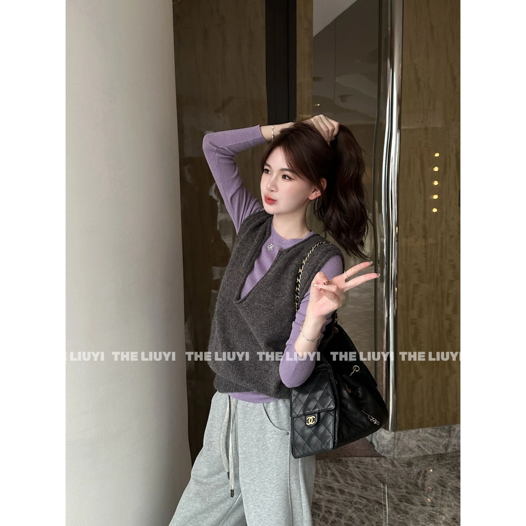 【LIUYI】百利甜~圆领针织打底上衣无袖背心马甲两件套5925B1