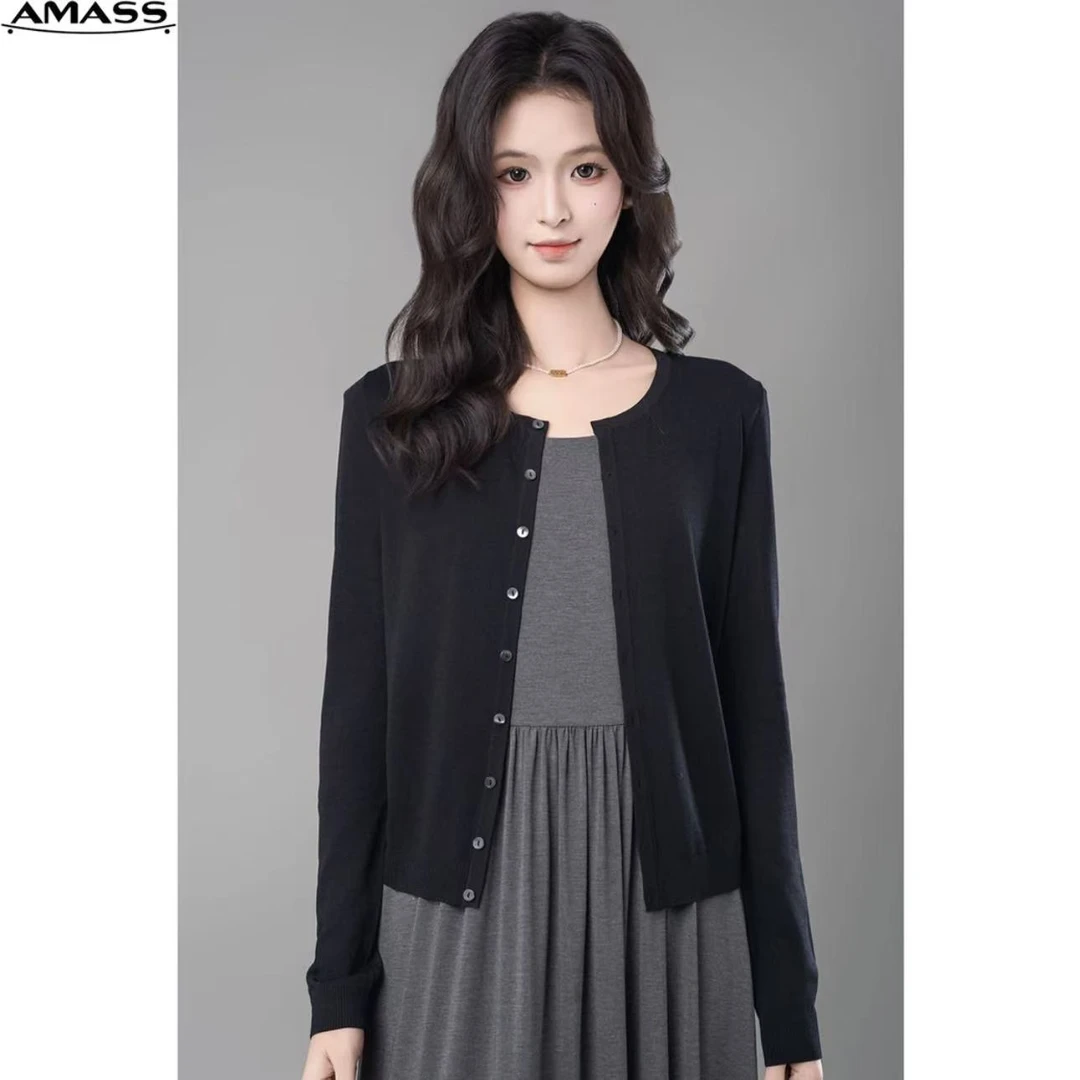 AMASS/阿玛施早春新款简约短款针织开衫气质显瘦百搭时尚女548024