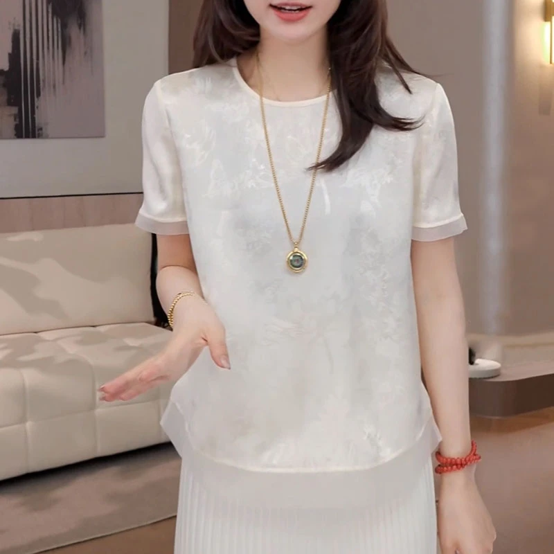 提花拼接短袖衬衫女士2025夏季新款气质时尚衬衣显瘦百搭圆领上衣