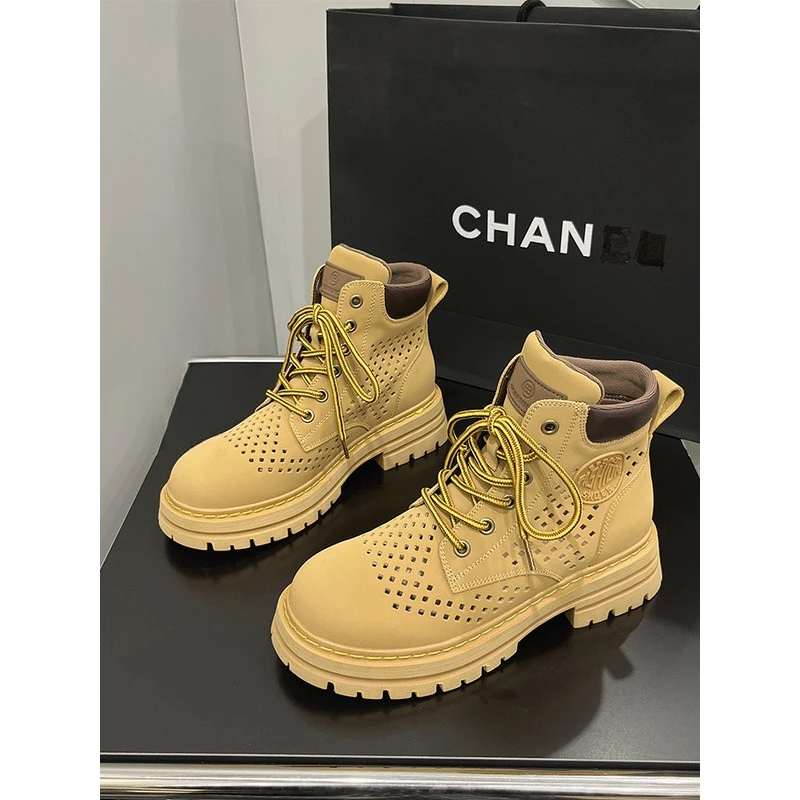 英伦风百搭内增高马丁靴2025秋季爆款真皮流行厚底大黄靴系带短靴