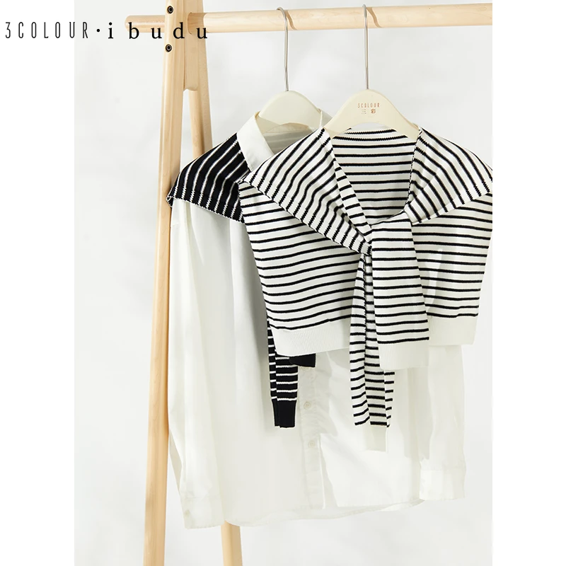 三彩2025新款撞色条纹时尚针织披肩外搭