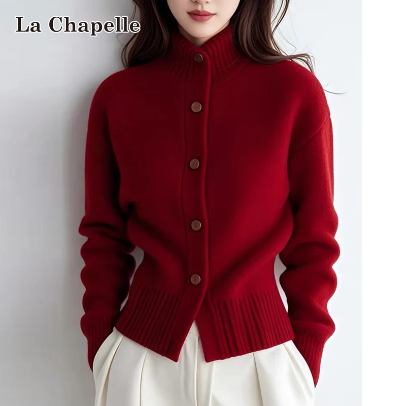 拉夏贝尔高级红复古高领毛衣外套女秋冬季气质氛围感针织开衫上衣