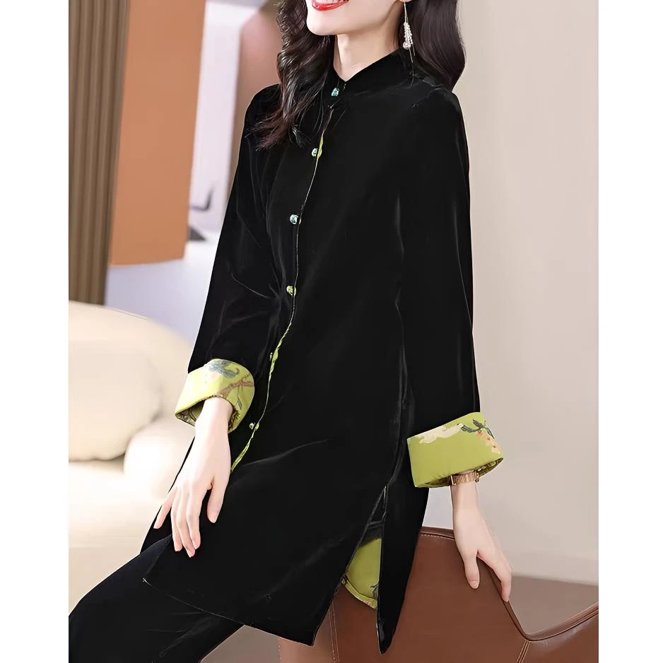 国风真丝绒衬衫秋季新款2025新中式复古盘扣上衣设计感中长款衬衣
