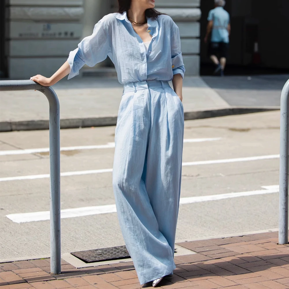 蓝色衬衫亚麻套装女2025夏季气质老钱风松弛感穿搭休闲棉麻两件套