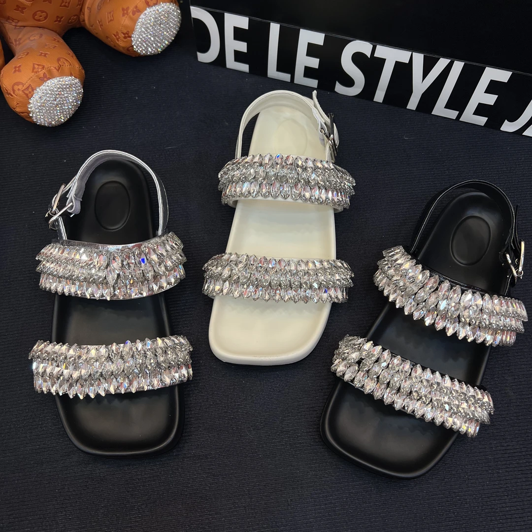 【现货】小众满钻一字带凉鞋女2025新款爆款外穿露趾休闲凉鞋169-25