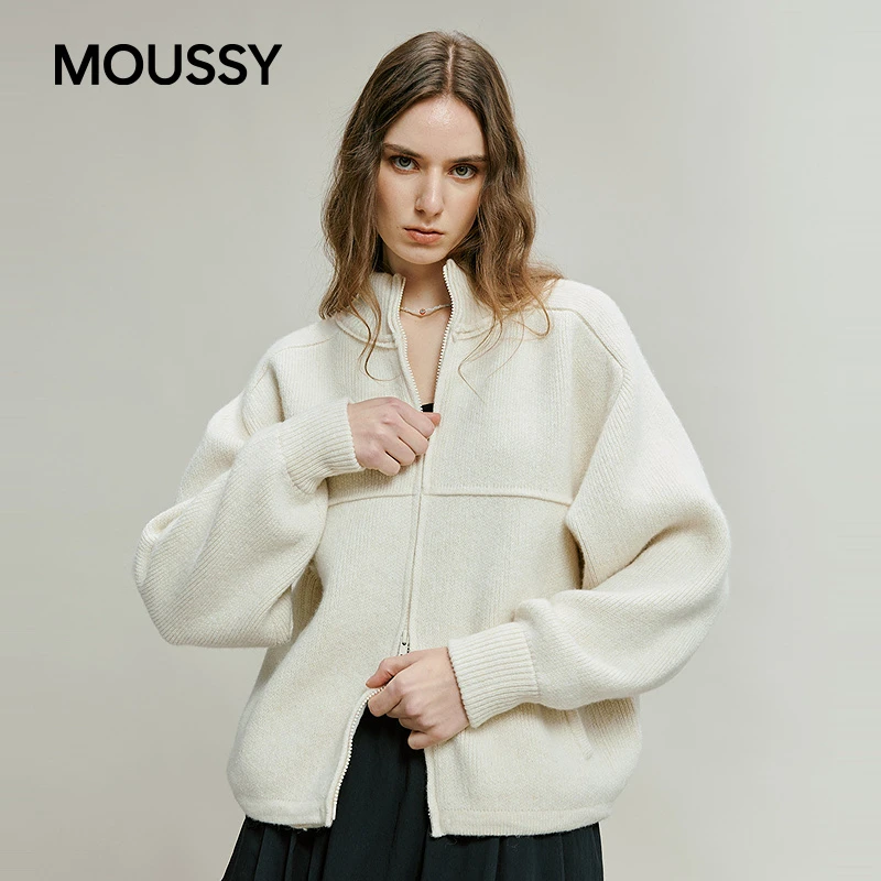 MOUSSY 2025冬季新品休闲通勤风立领双拉链针织毛衣010IA170-3911