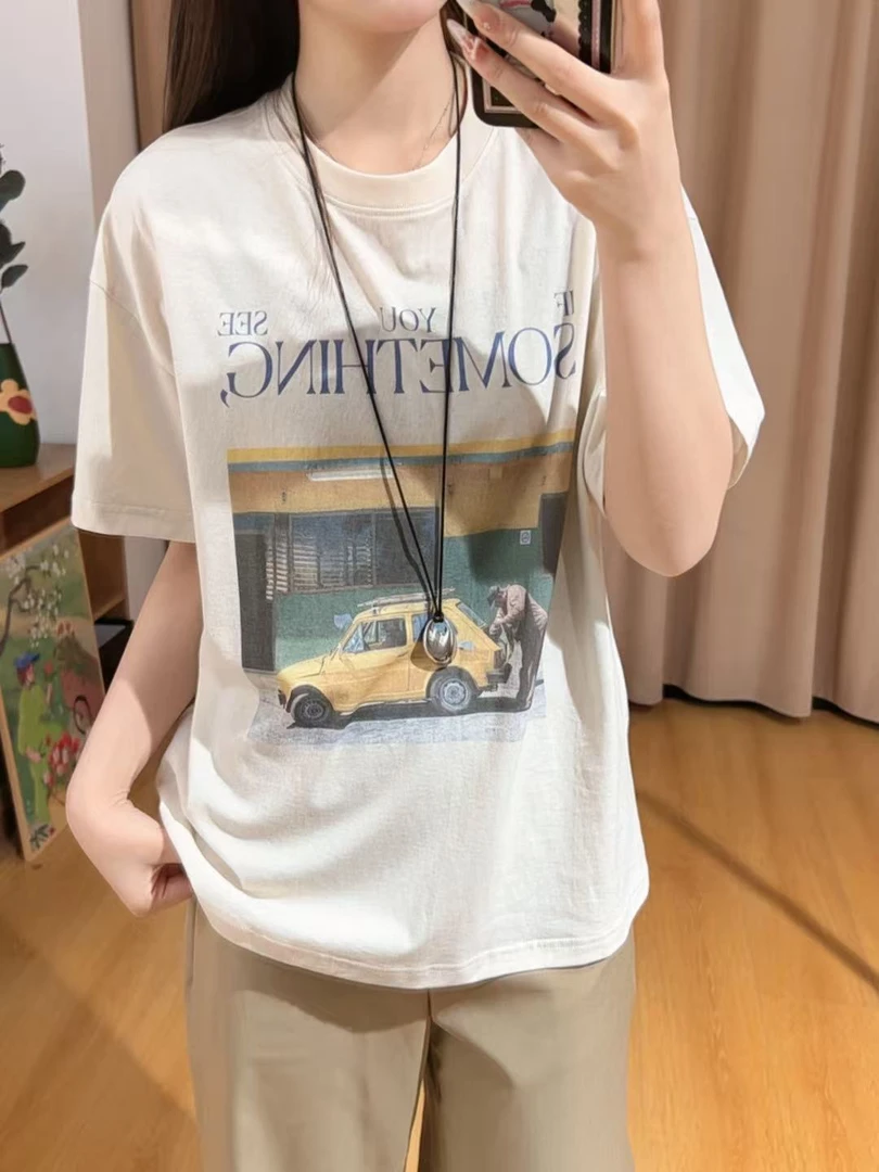 85212余小鱼【汽车T】杏色汽车字母印花夏季圆领短袖百搭T恤女装