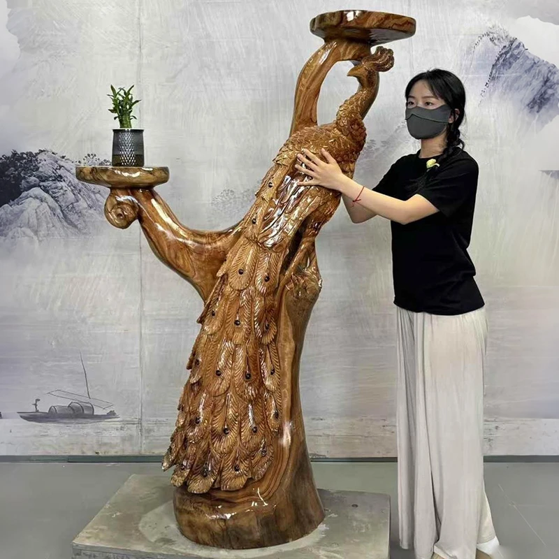 香樟木孔雀实木根雕花架落地客厅工艺摆件木雕长54宽32高151厘米