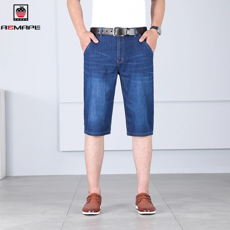 AEMAPE苹果经典蓝色斜口男士七分裤夏季薄款弹力修身百搭直筒中裤