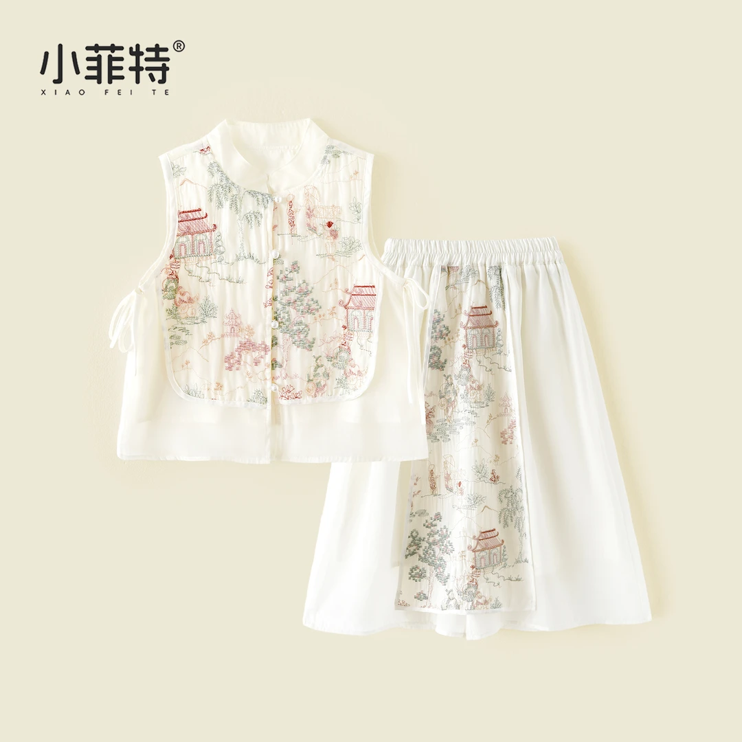 小菲特夏季新款女童国风套装刺绣汉服女孩新中式两件套BGTX52003