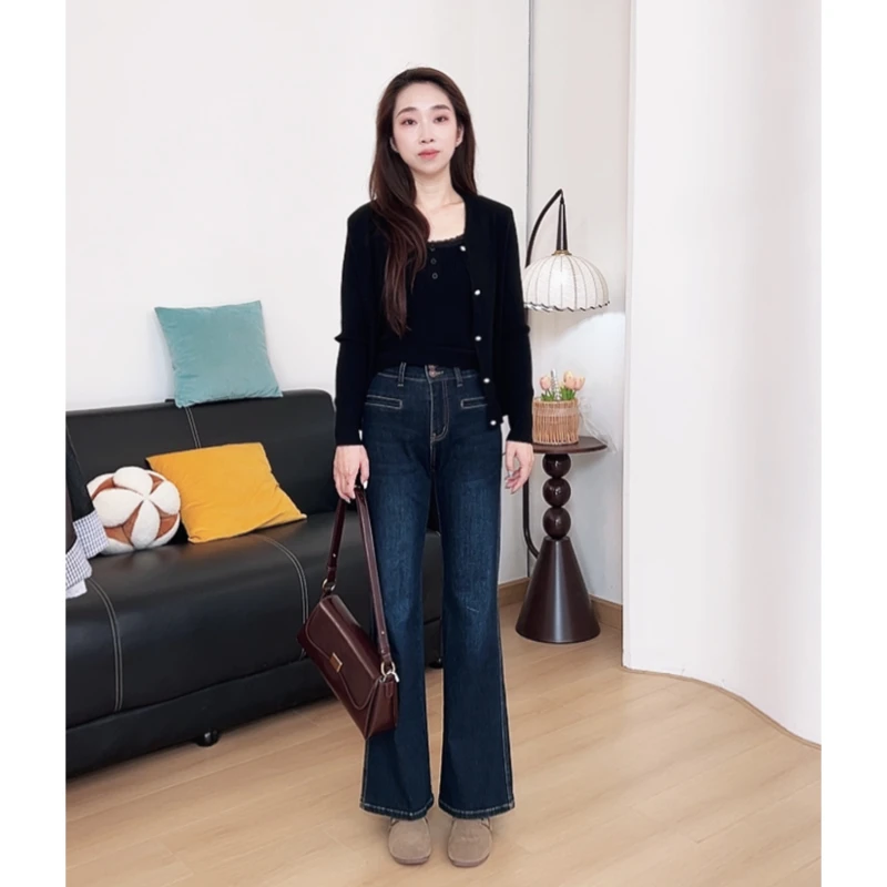 2025蓝灰色高腰微喇牛仔裤女秋新款小个子不贴腿休闲直筒喇叭裤子