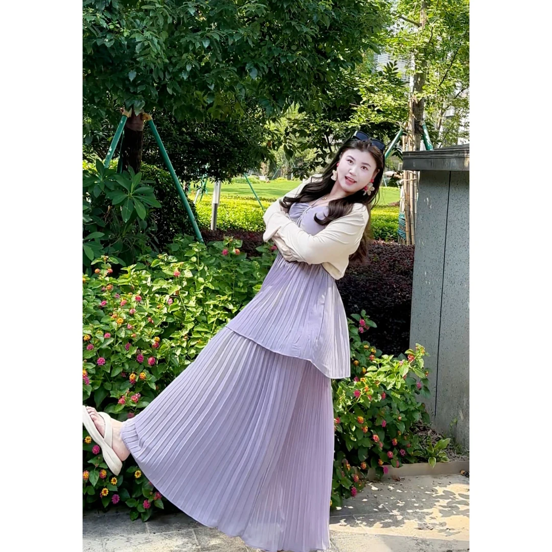 现货【小稳专属】微胖大码气质法式度假风假两件吊带连衣裙5102