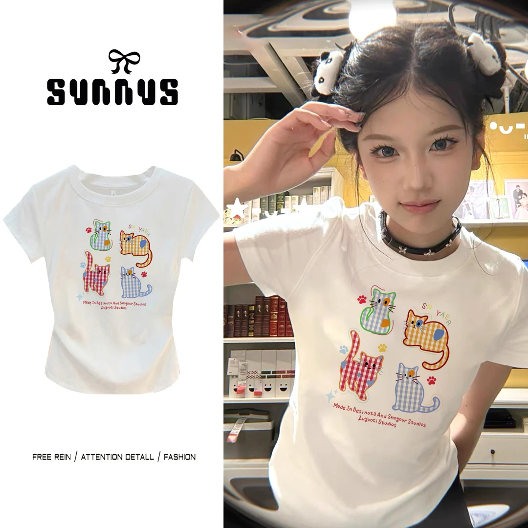 正肩甜美辣妹夏季新款美式修身显瘦遮肉学生百搭短袖上衣潮流