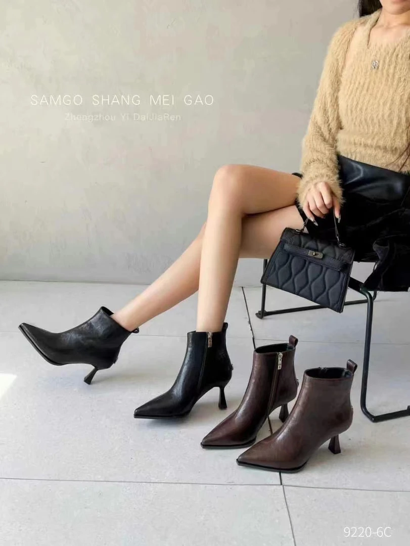 女式秋冬新款韩版通勤瘦瘦简约细跟裸靴尖头短靴9220-6(加绒)