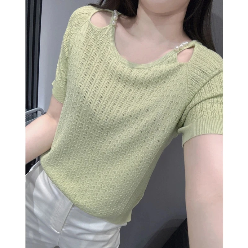 韩版麻花镂空钉珠冰丝短袖t恤女夏季新款轻奢显瘦洋气针织上衣潮
