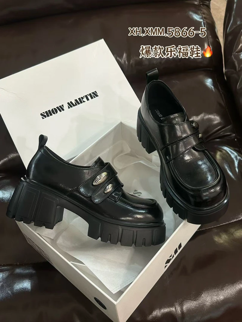5866-5新款厚底增高乐福鞋女圆头搭扣休闲单鞋英伦风小皮鞋